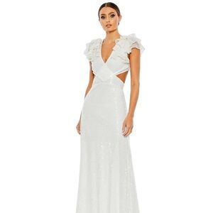 NWT Mac Duggal Sequined Ruffled Cut Out Lace Up Gown